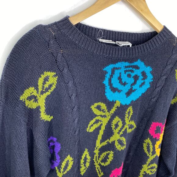 Catalina Vintage Navy Blue Floral Knit Crewneck Sweater Women's Size Large L - Picture 4 of 7
